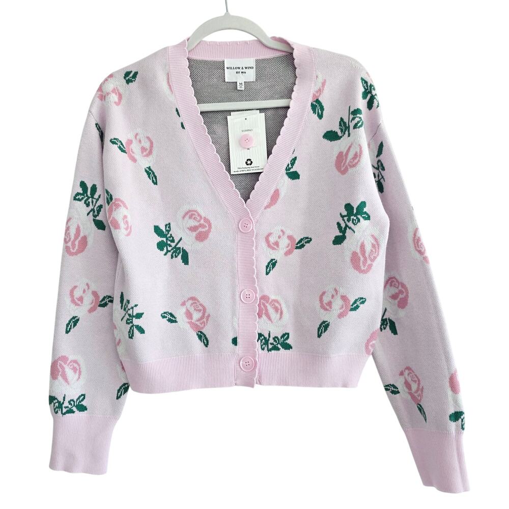 Boutique Light Pink & Green Rose Print Cardigan Sweater Size Medium